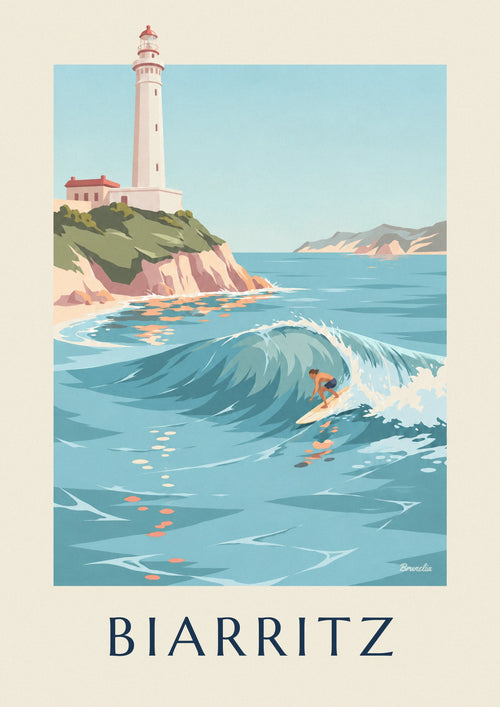 Affiche surfeur sous le phare de Biarritz sur la côte basque : l'affiche entière