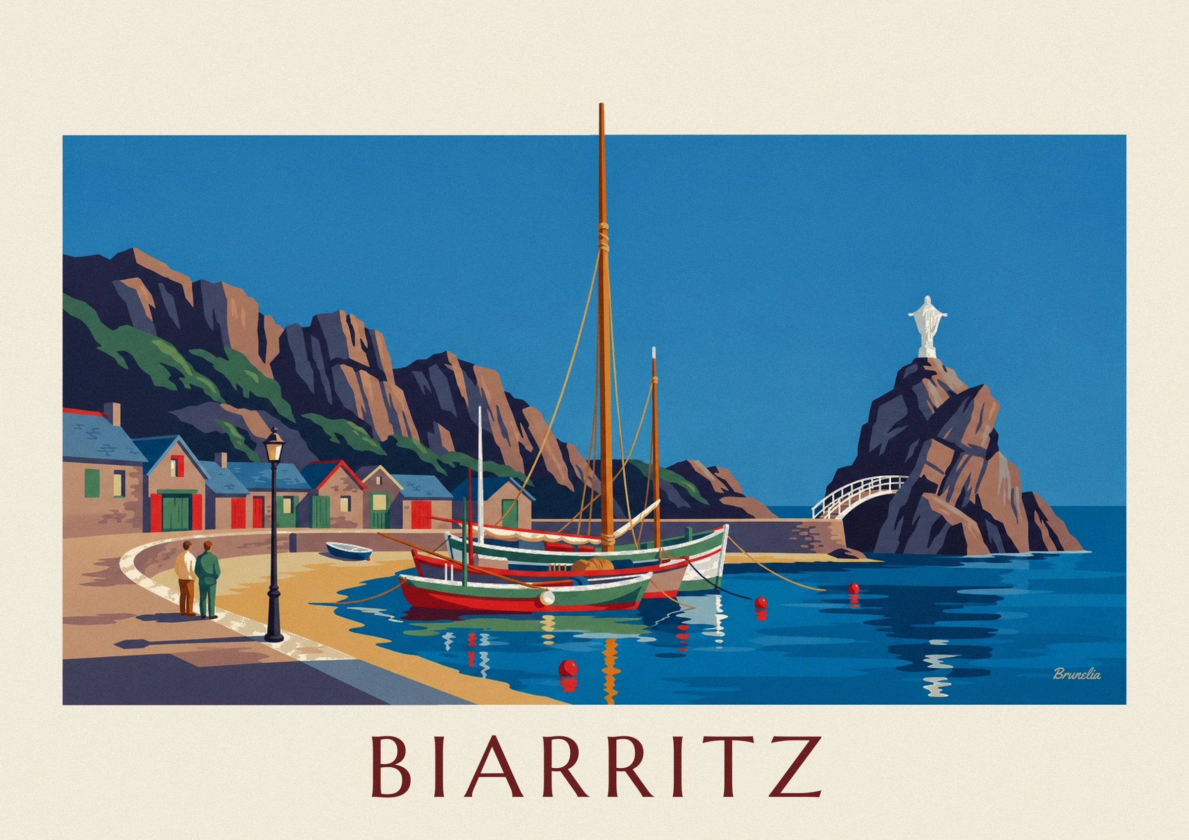 The white Virgin atop the rock, its footbridge and a red buoy on the blue water