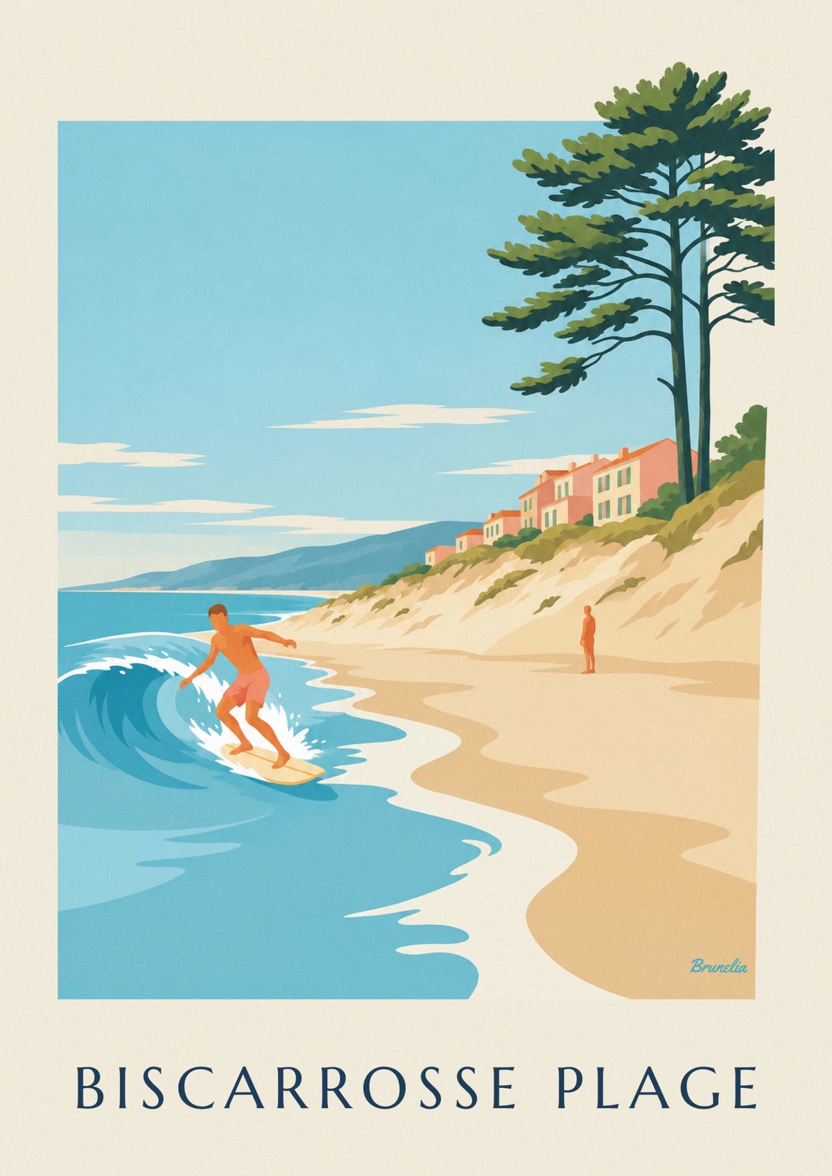 Affiche surfeur dans la vague à Biscarrosse Plage