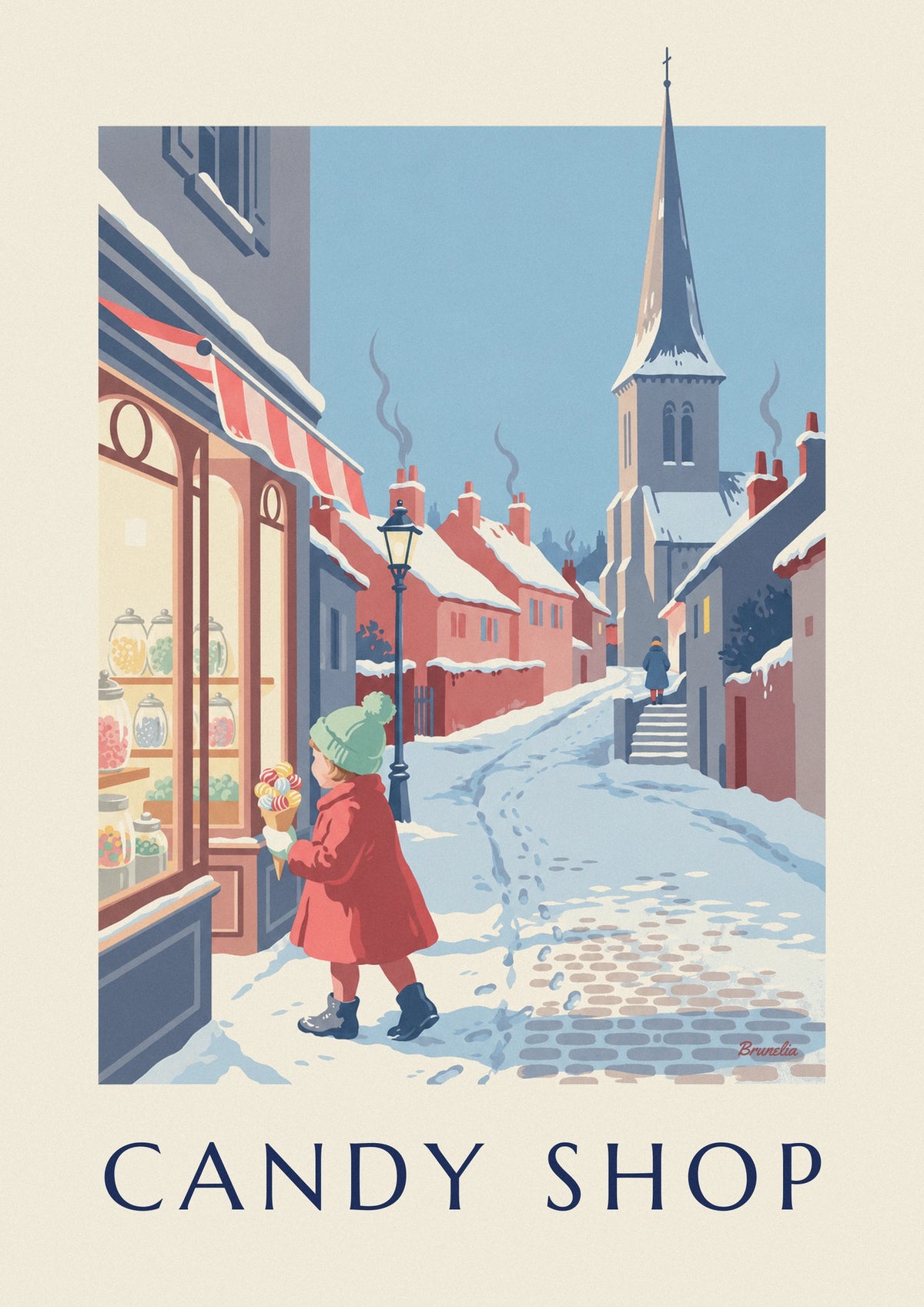 Affiche fillette et cornet de bonbons devant une confiserie sous la neige