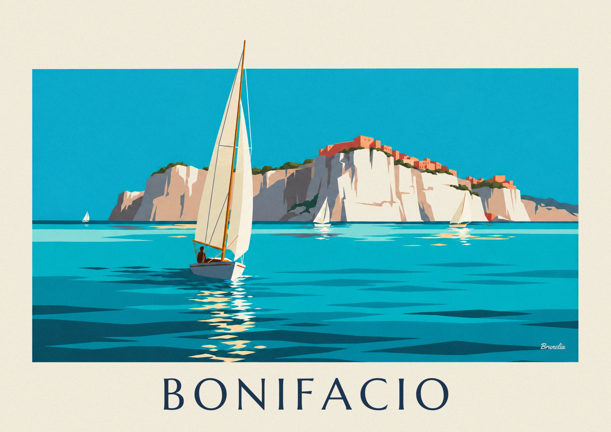 Affiche falaises blanches et voiliers de Bonifacio en Corse