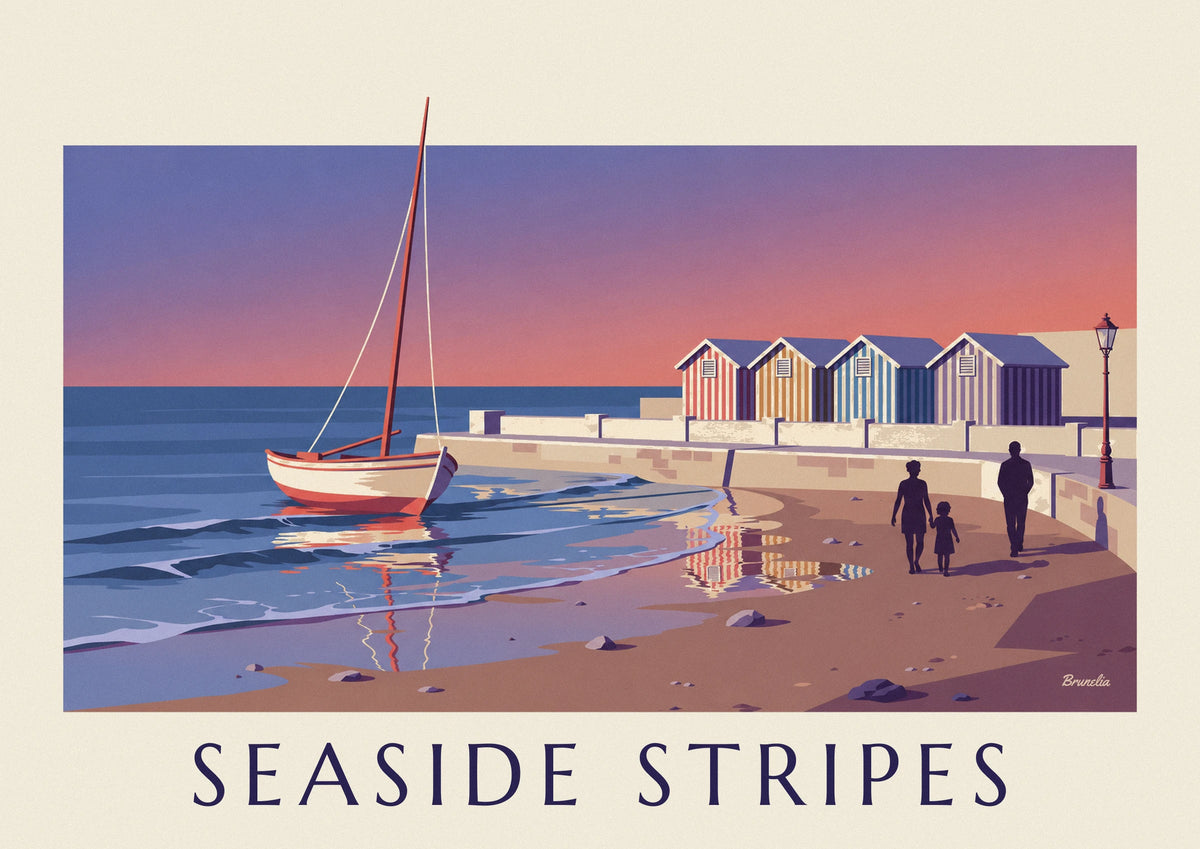 Affiche cabines de plage rayées et voilier échoué au crépuscule