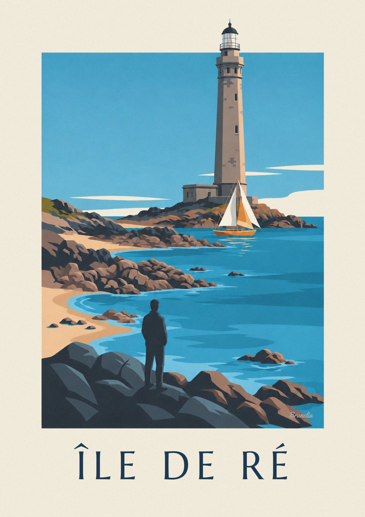 Affiche voilier devant le phare des Baleines à l'île de Ré