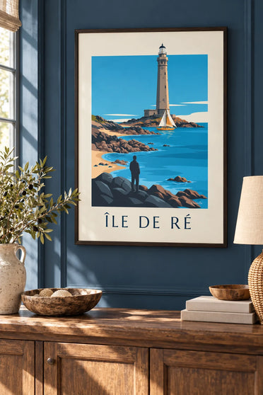 Affiche voilier devant le phare des Baleines à l'île de Ré : encadrée au mur