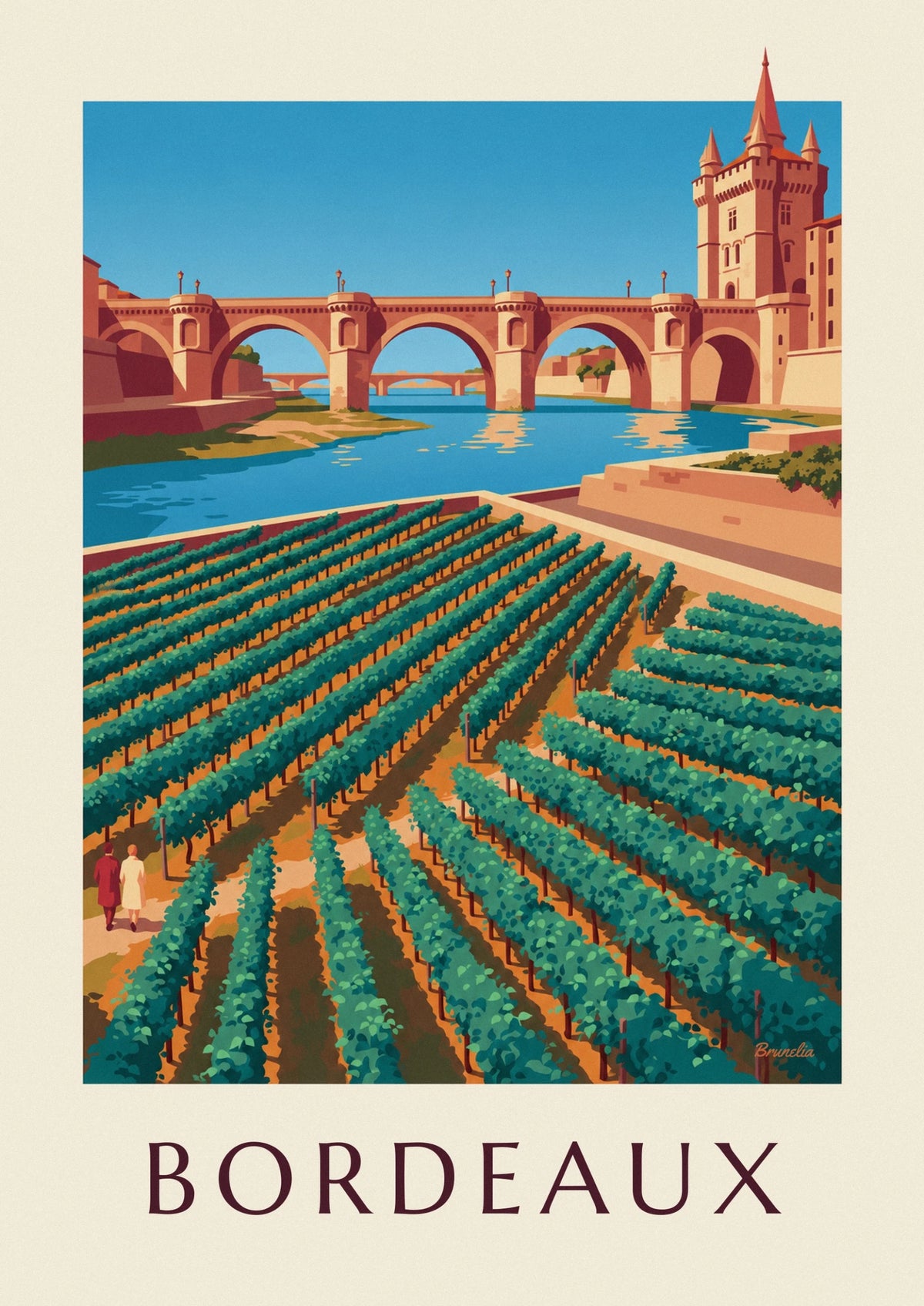 Affiche pont de pierre et porte Cailhau à Bordeaux vus des vignes