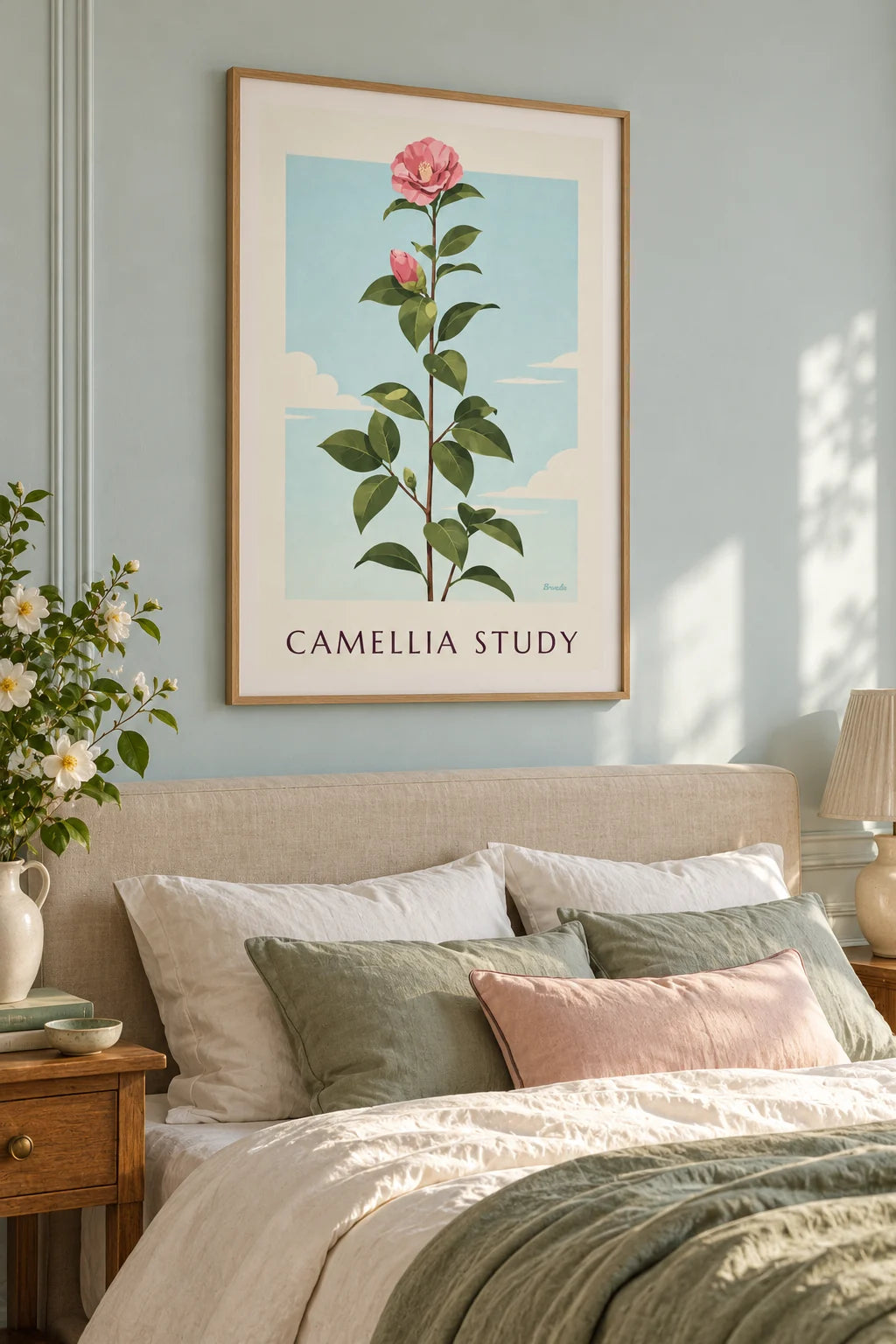 Quarto: Poster de estudo botânico de uma camélia cor-de-rosa em flor na parede