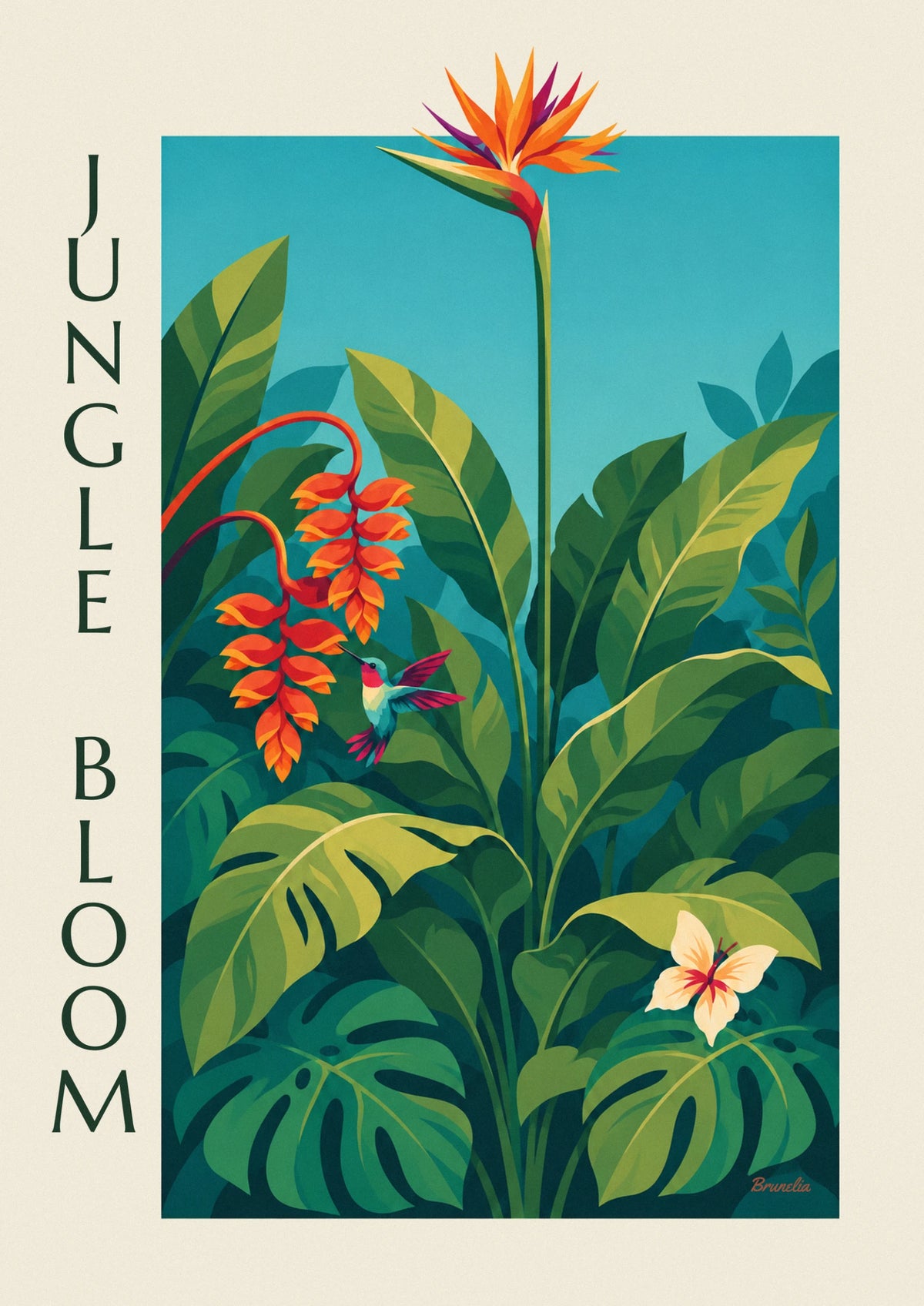 Affiche jungle tropicale, fleurs exotiques et colibri