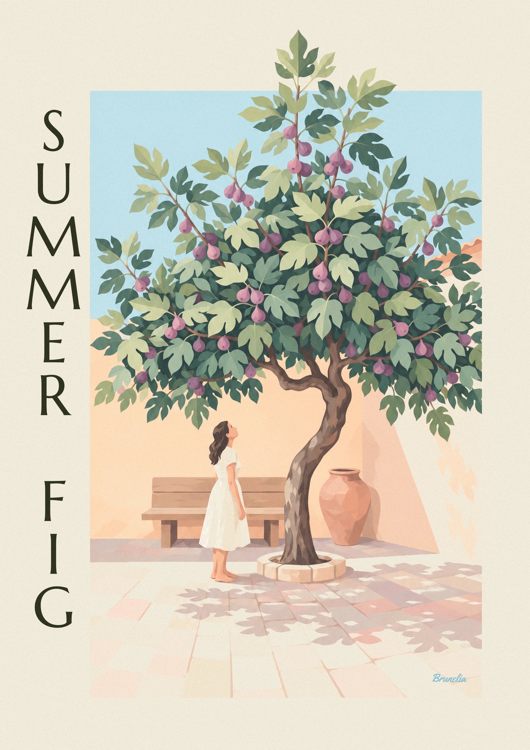 The purple figs among the soft green and dark green leaves of the fig tree