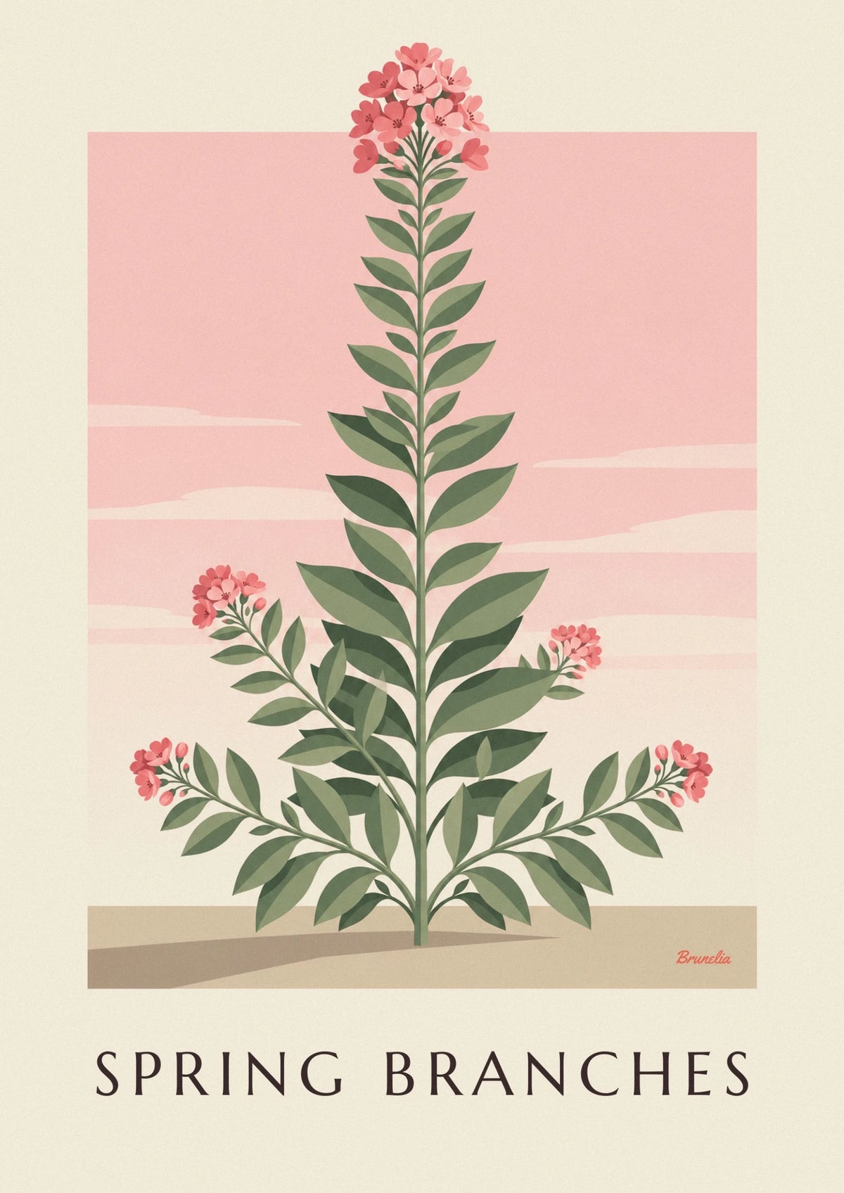 Affiche branches feuillues et fleurs roses de printemps