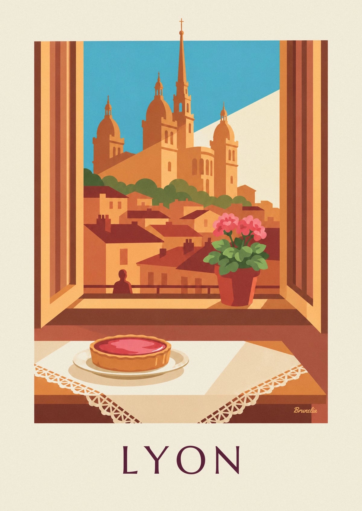 Affiche tarte aux pralines roses à la fenêtre d'un salon lyonnais