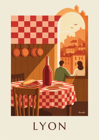 Affiche bouchon lyonnais, nappe à carreaux et pot de vin : l'affiche entière