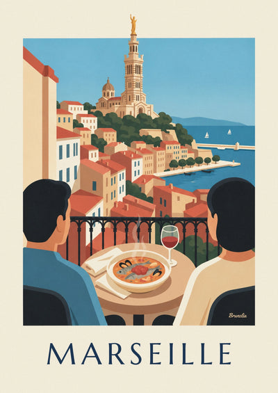 Affiche bouillabaisse sur une terrasse du Vieux-Port de Marseille : l'affiche entière