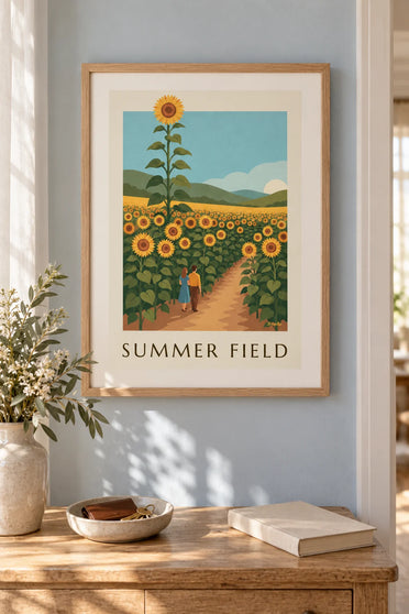 Affiche champ de tournesols sous le soleil d'été : encadrée au mur