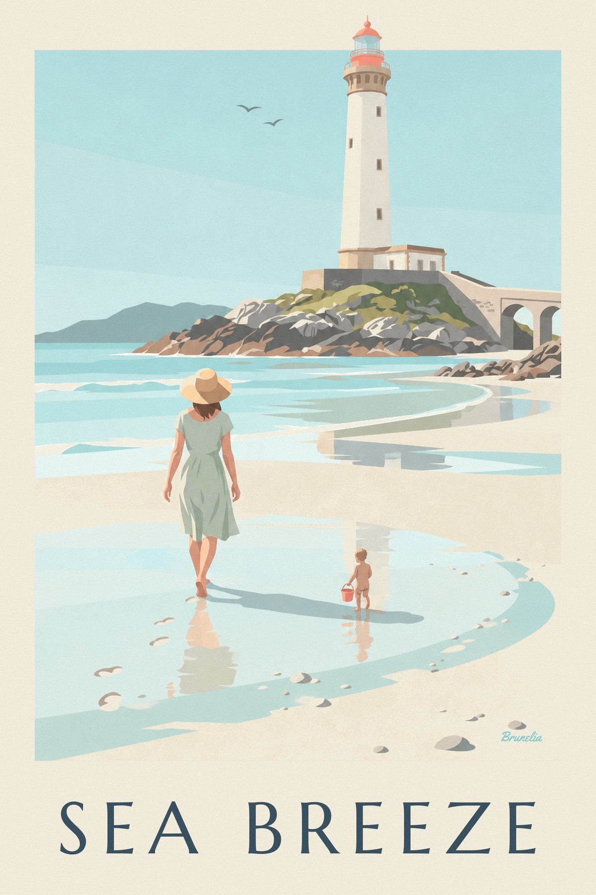 Affiche mère et enfant sur la plage du Petit Minou au pied du phare
