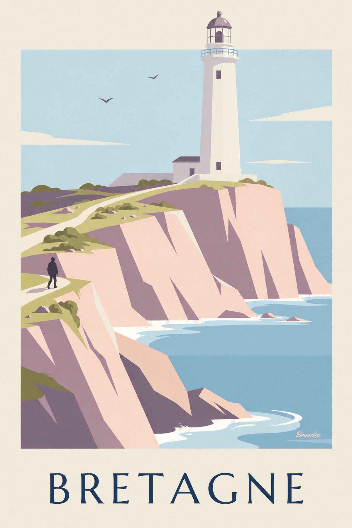 Affiche phare blanc au sommet des falaises roses de la côte bretonne