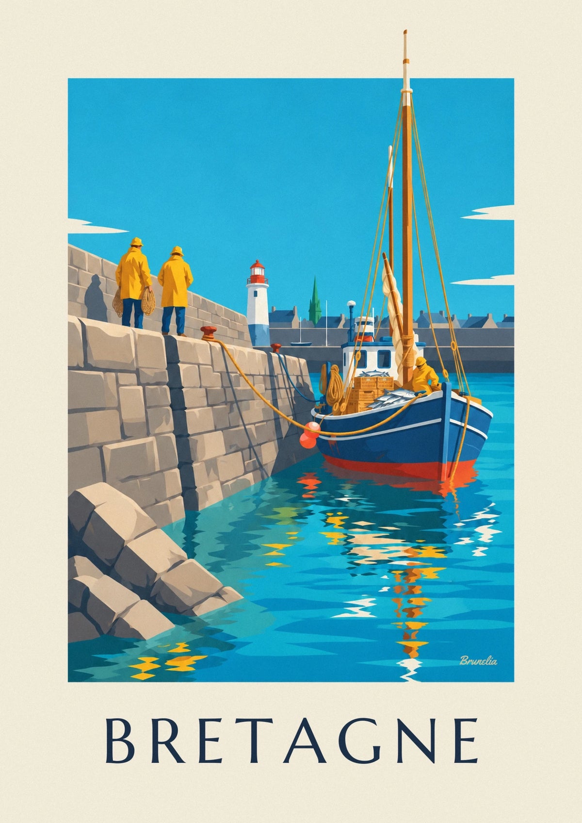 Affiche bateau de pêche breton rentrant au port de granit