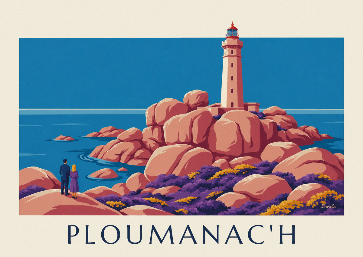 Affiche phare de Mean Ruz sur le granit rose de Ploumanac'h