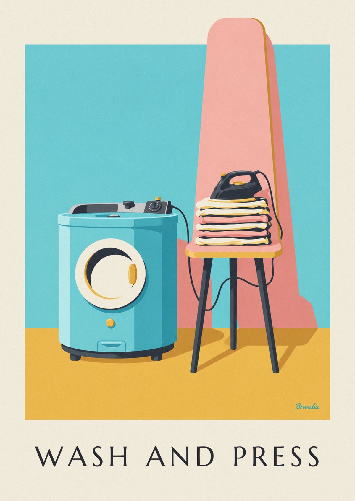 Affiche lessive et repassage avec machine à laver à hublot
