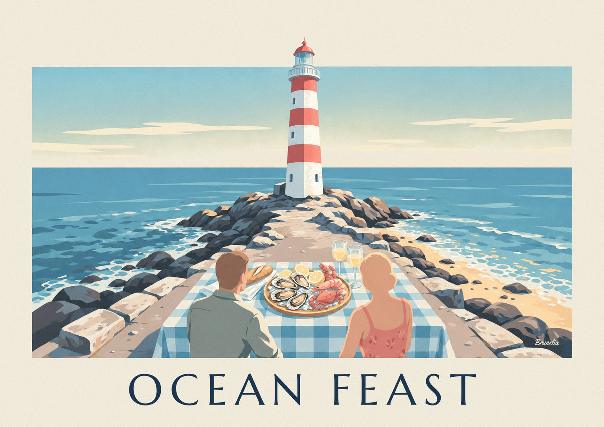 Affiche plateau de fruits de mer au pied d'un phare