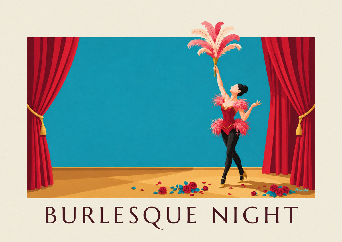Affiche danseuse de cabaret burlesque en corset et plumes
