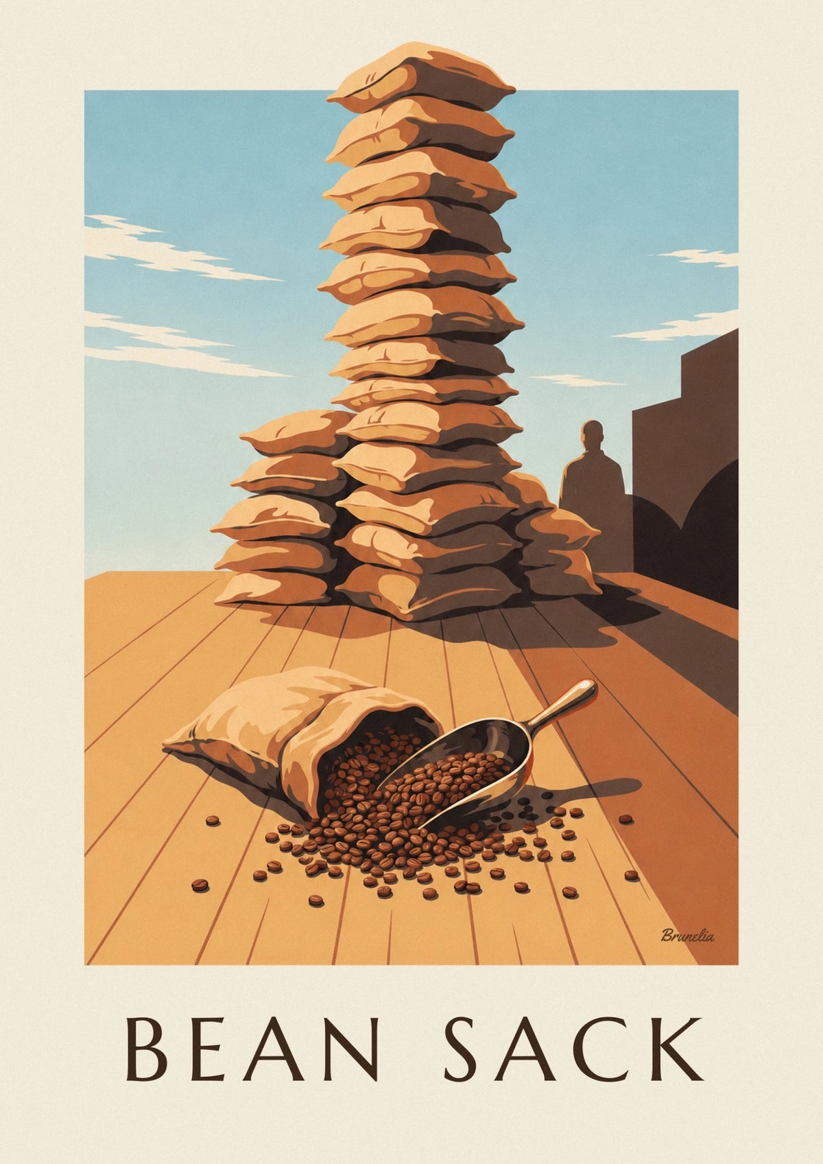 Affiche grains de café torréfiés et sac de jute ouvert