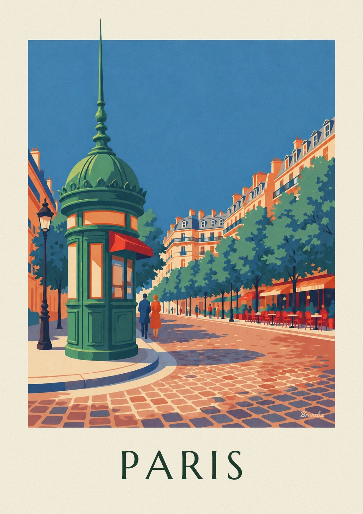 Affiche kiosque à journaux sur un boulevard parisien