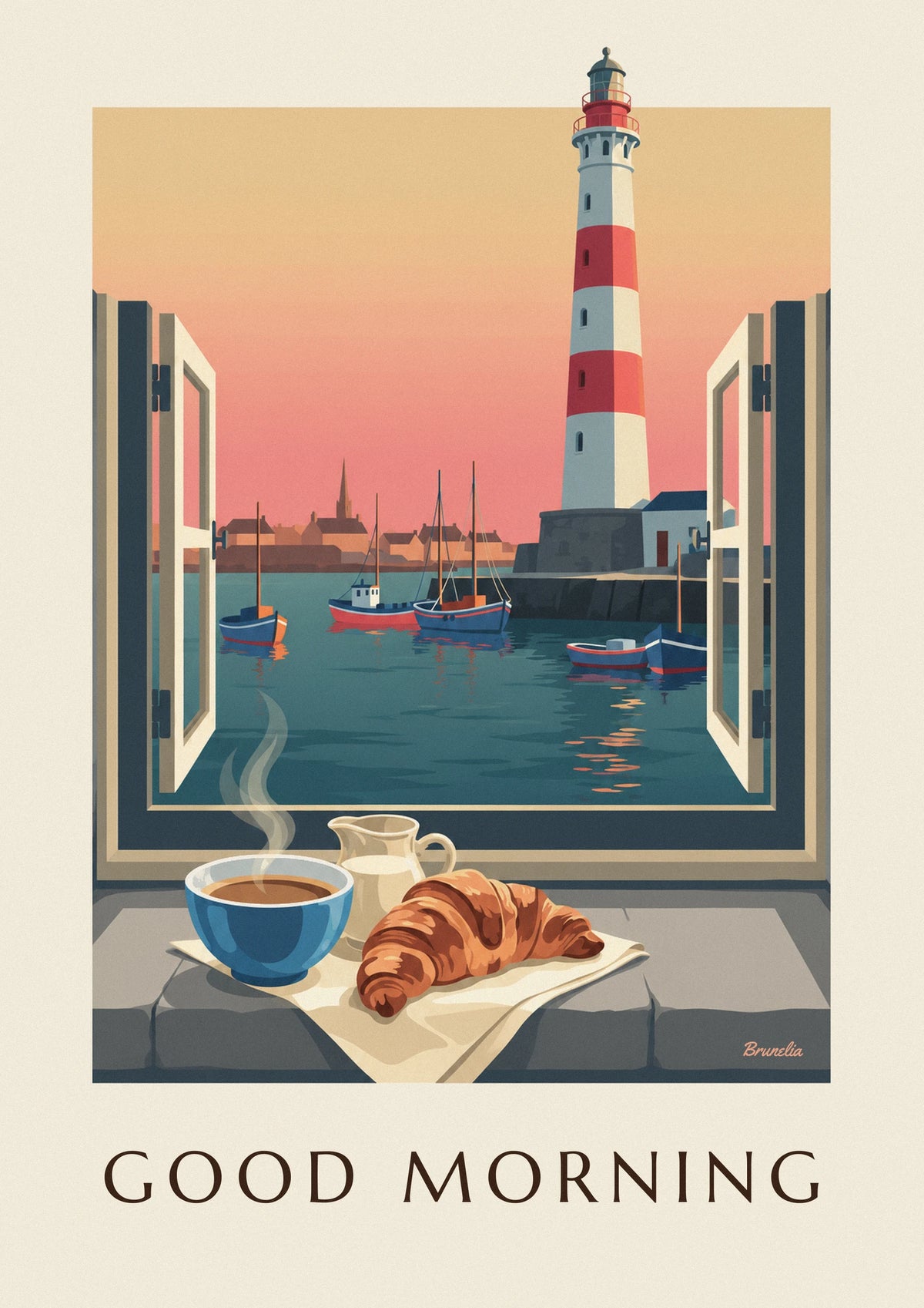 Affiche bol de café et croissant à la fenêtre face au phare