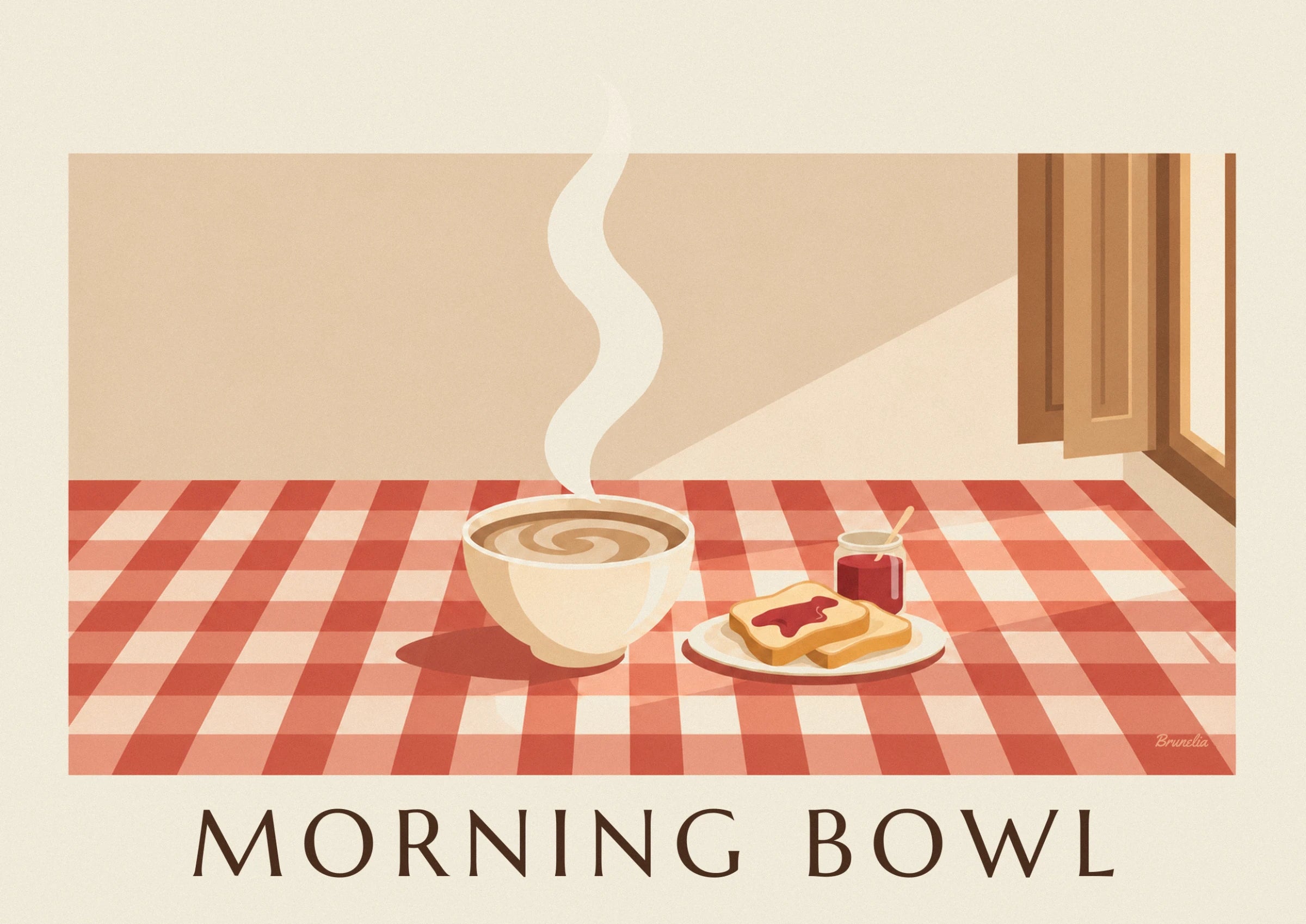 The large bowl of steaming milky coffee on the red checked tablecloth