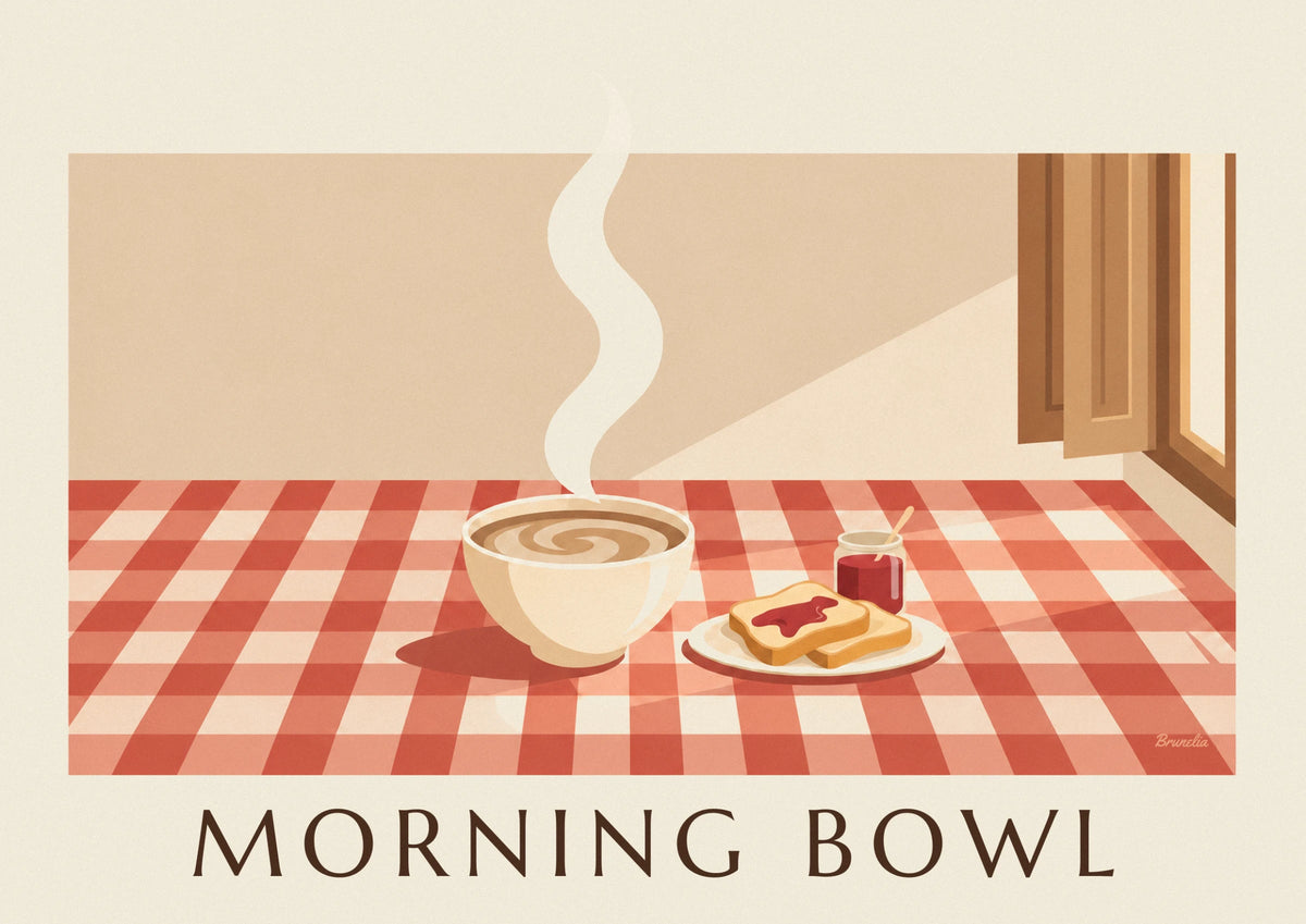 Affiche bol de café au lait et tartines beurrées au petit-déjeuner