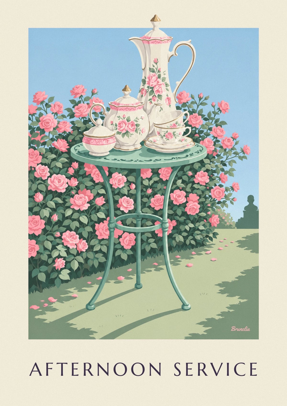 Affiche service à thé et café en porcelaine fleurie au jardin