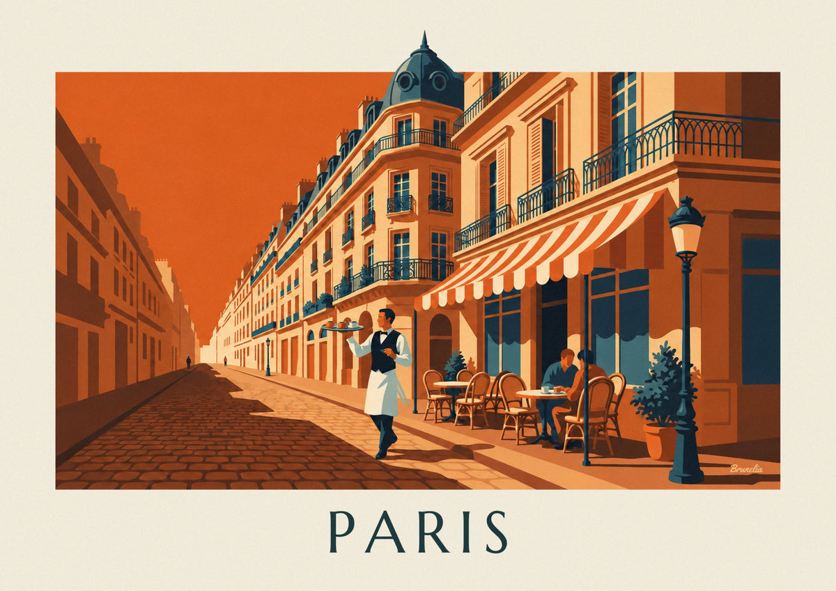 Affiche garçon de café et son plateau en terrasse à Paris