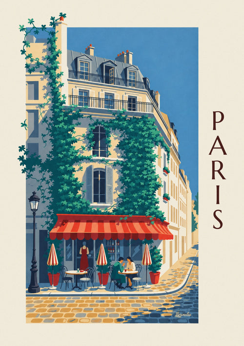 Affiche bistrot parisien en terrasse sous le lierre : l'affiche entière