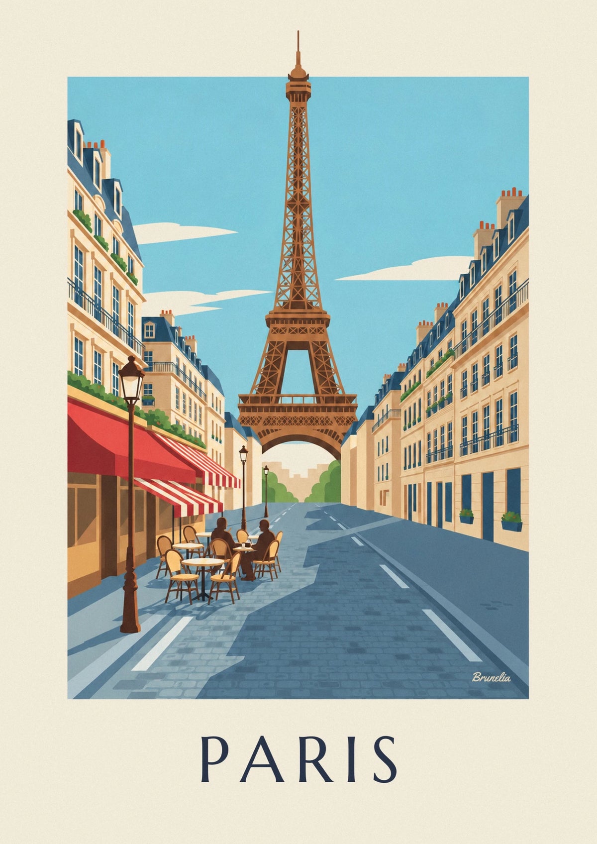 Affiche terrasse de café parisien face à la tour Eiffel
