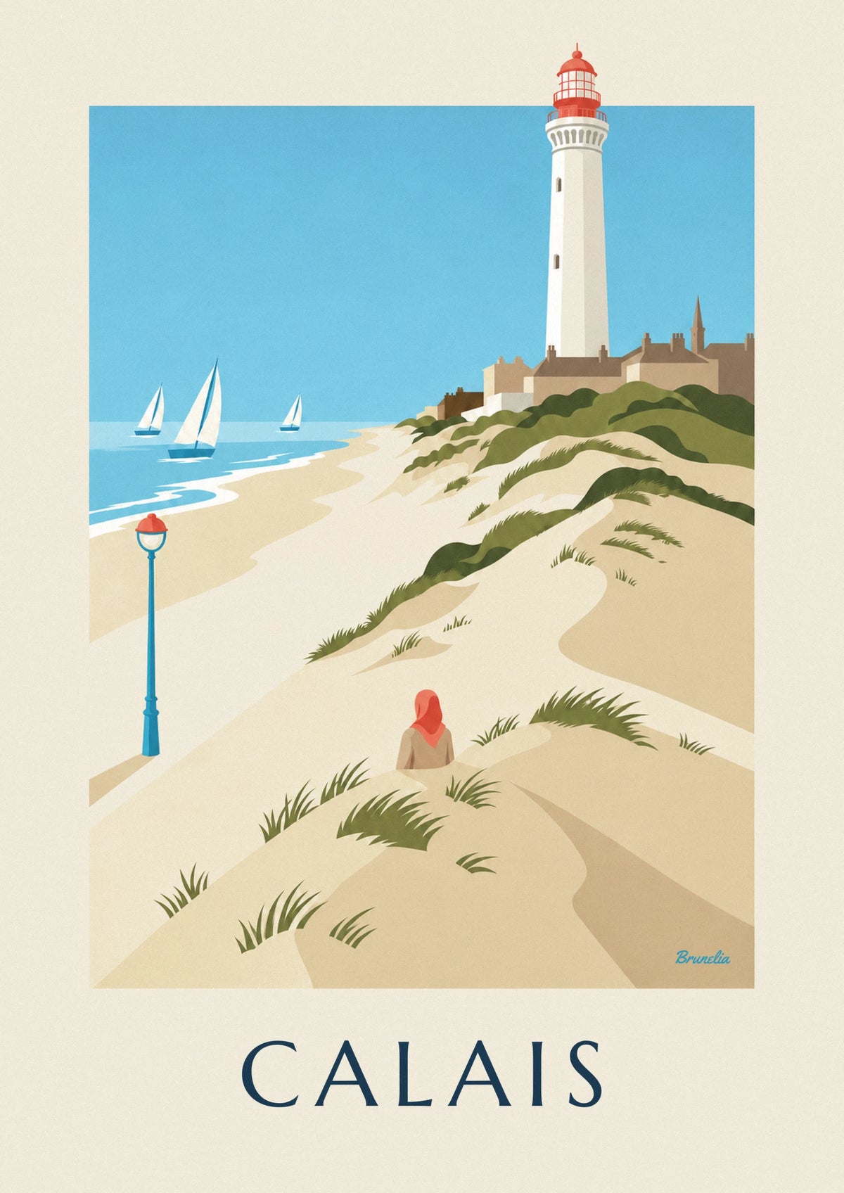 Affiche dunes, voiliers et phare de la plage de Calais