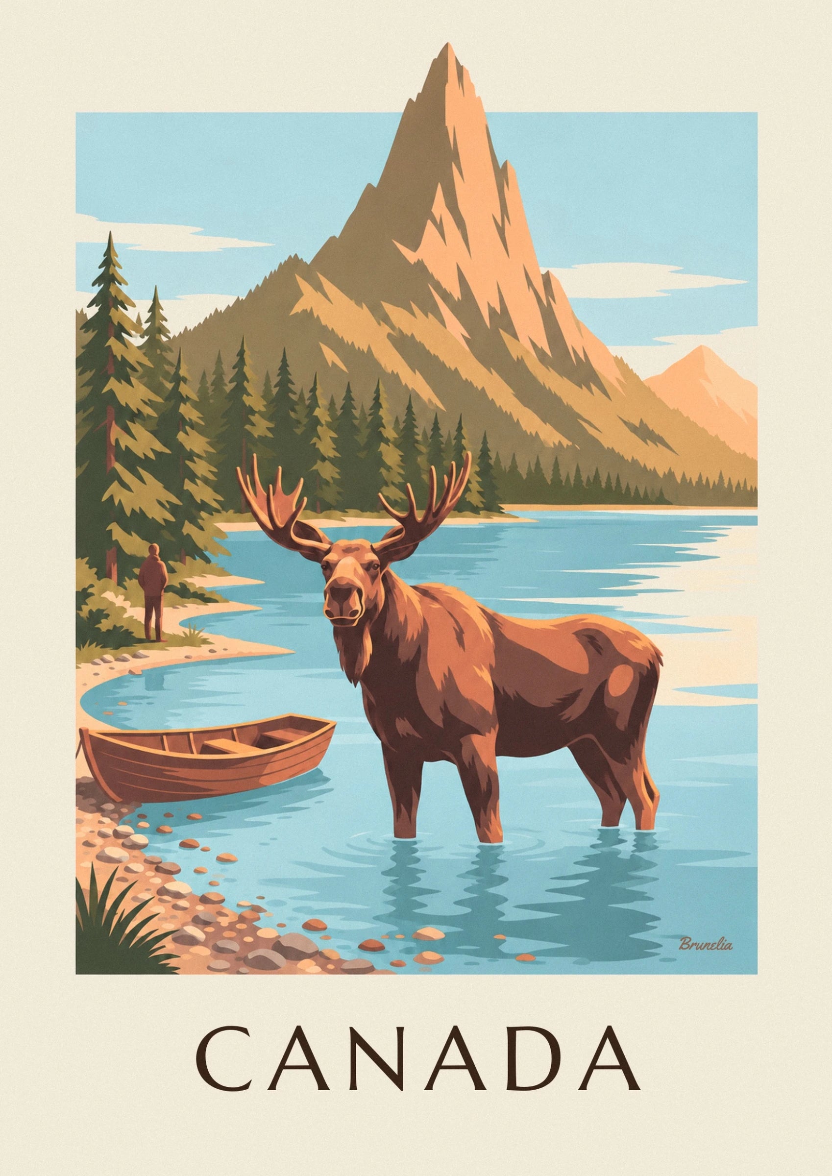 The moose with broad antlers in the turquoise lake beside a wooden rowing boat