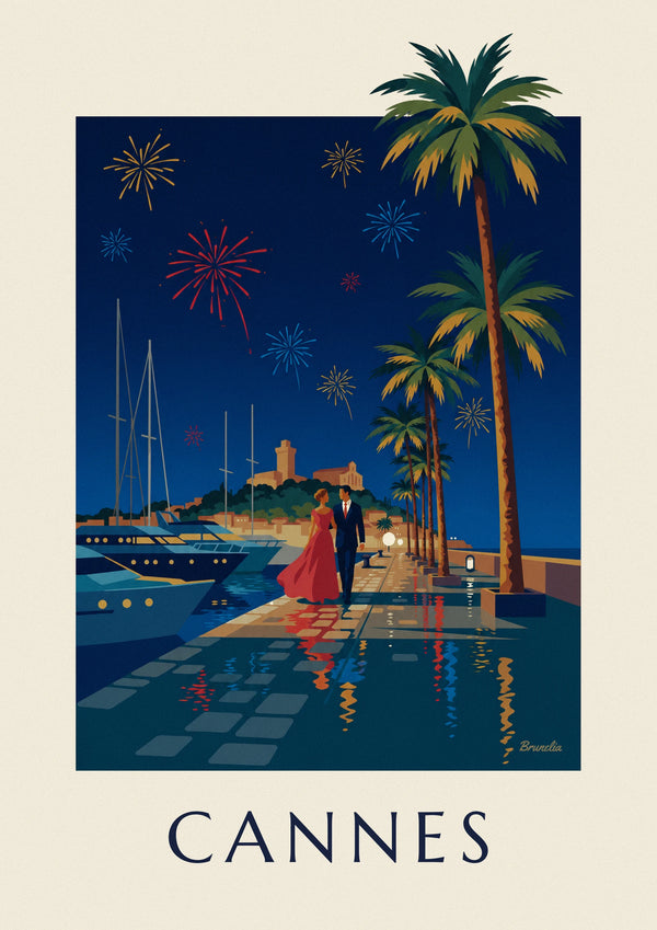 Affiche couple sous les palmiers de Cannes un soir de feu d'artifice