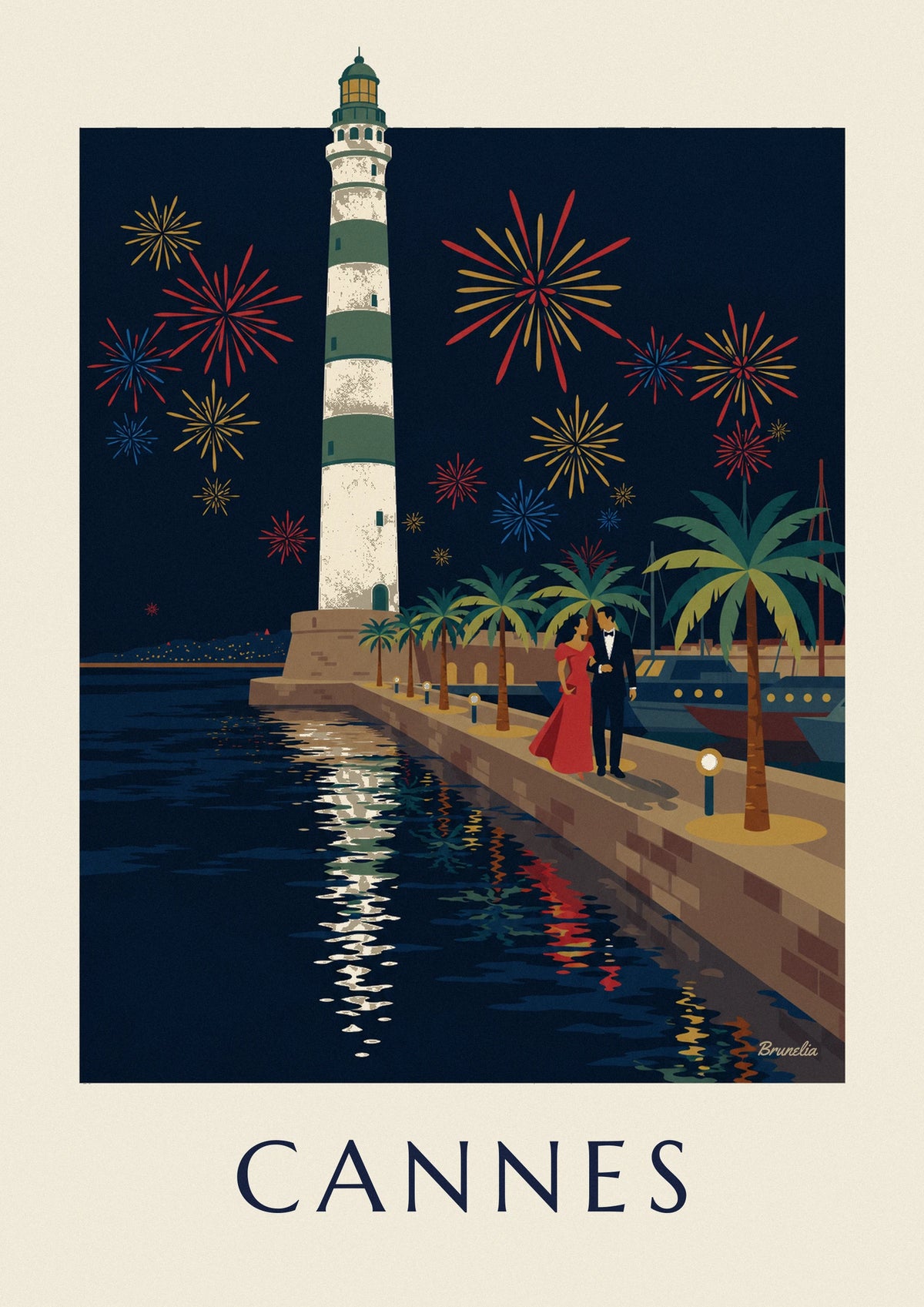 Affiche couple sous les palmiers de Cannes un soir de feu d'artifice