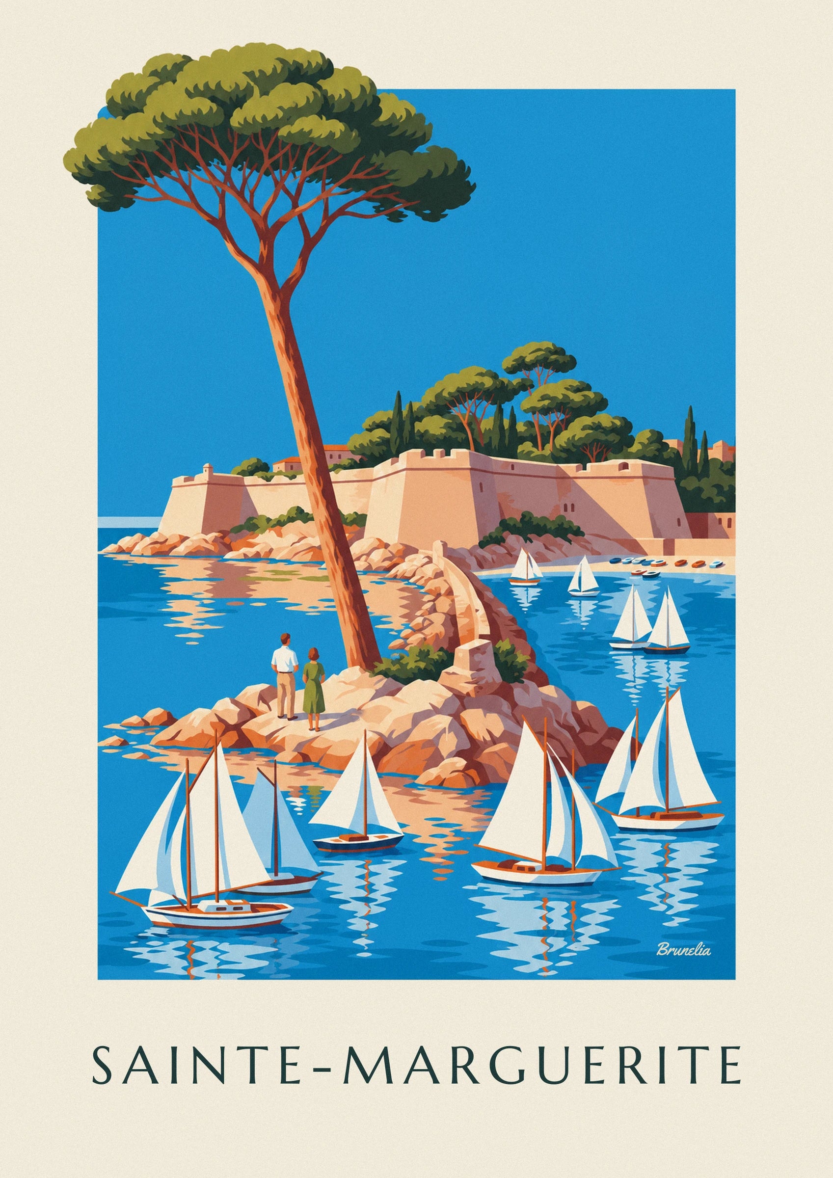 The fort royal with its ochre ramparts, surrounded by pine trees and sailing boats on the turquoise water