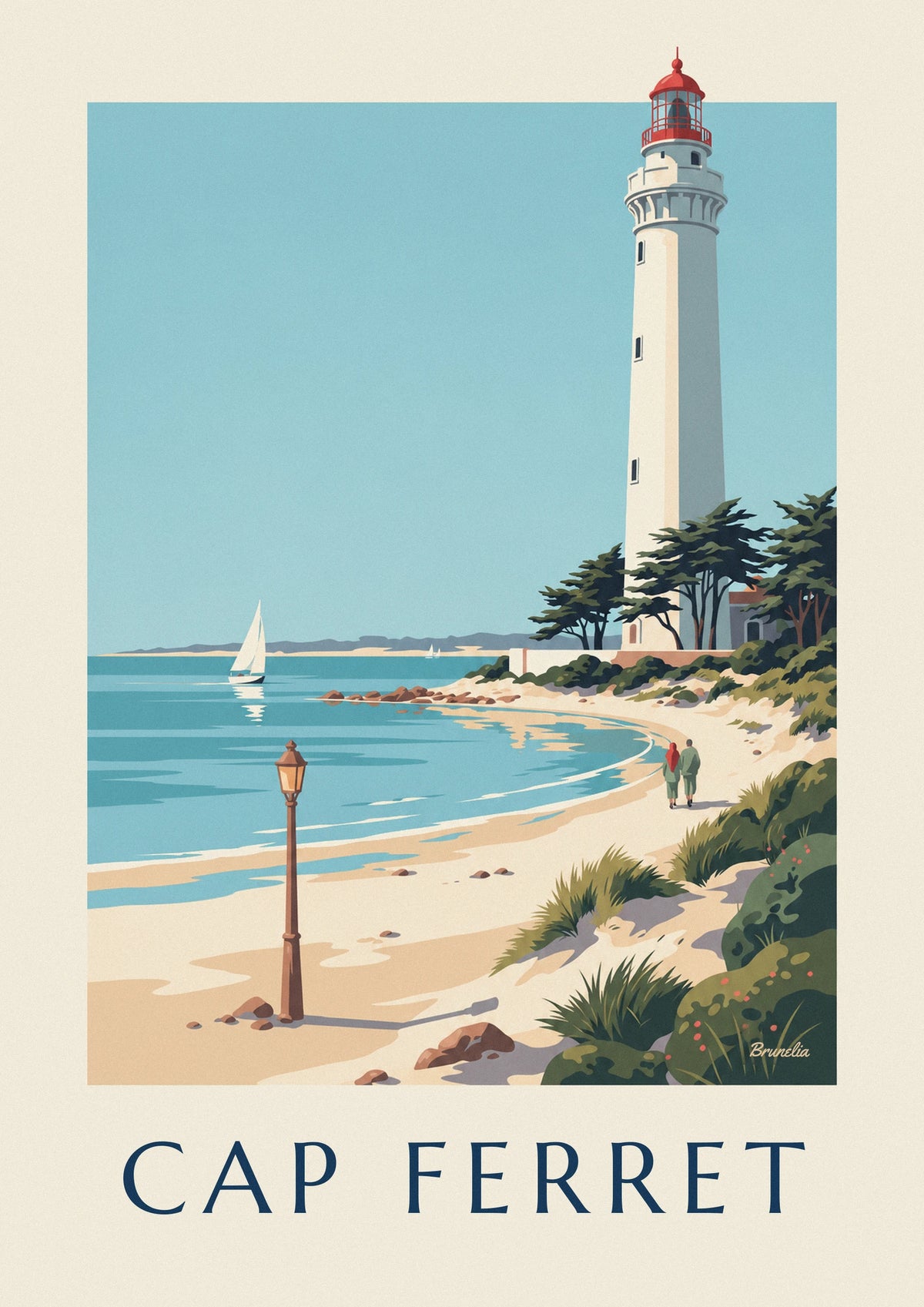 Affiche phare du Cap Ferret, pins et promeneurs sur la plage