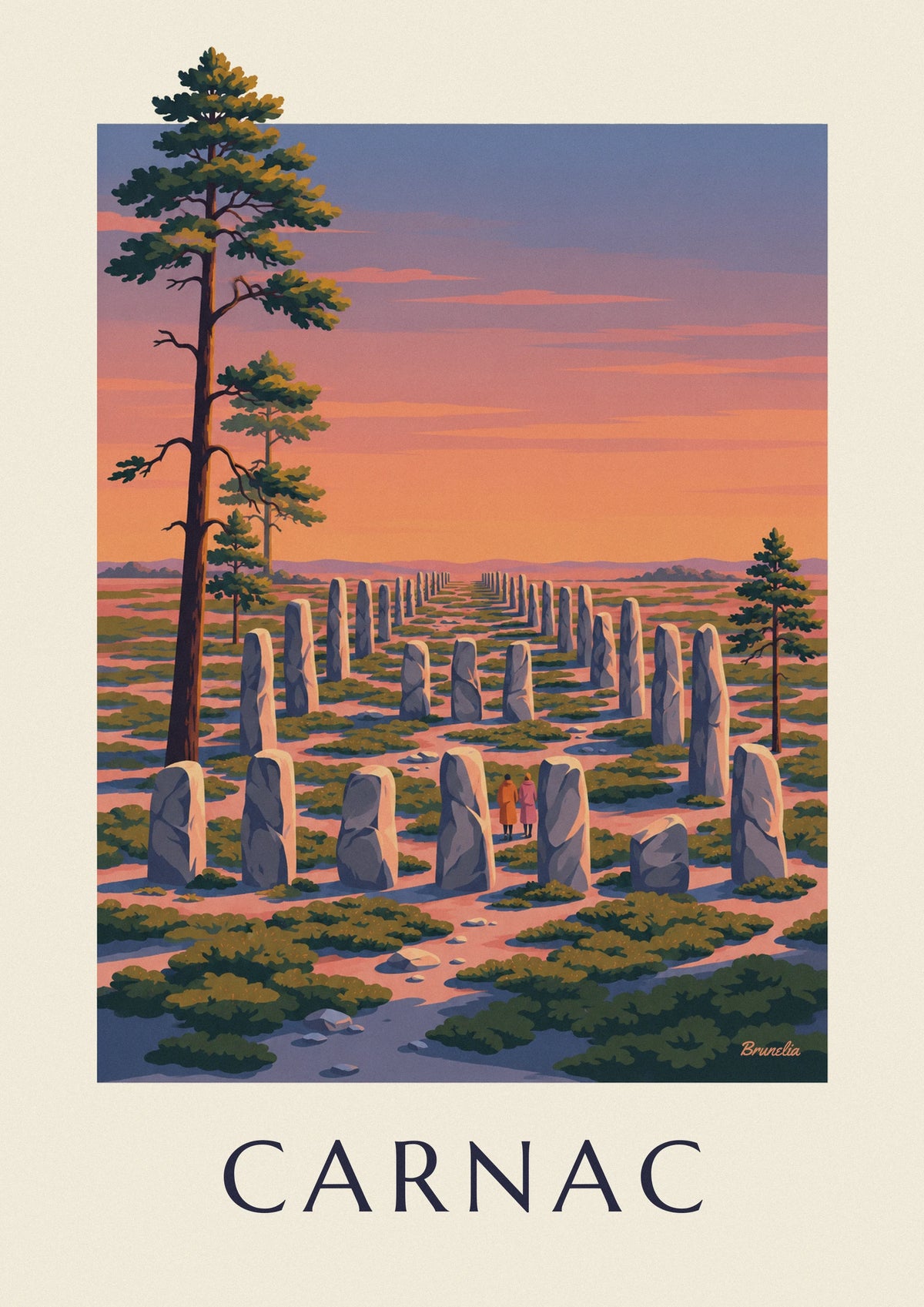 Cartaz dos menires de Carnac ao pôr do sol