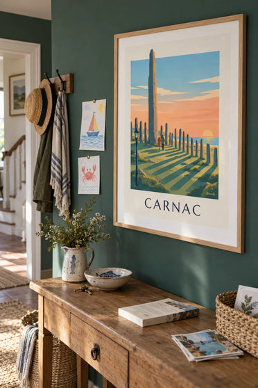 Affiche menhirs de Carnac au coucher du soleil : encadrée au mur