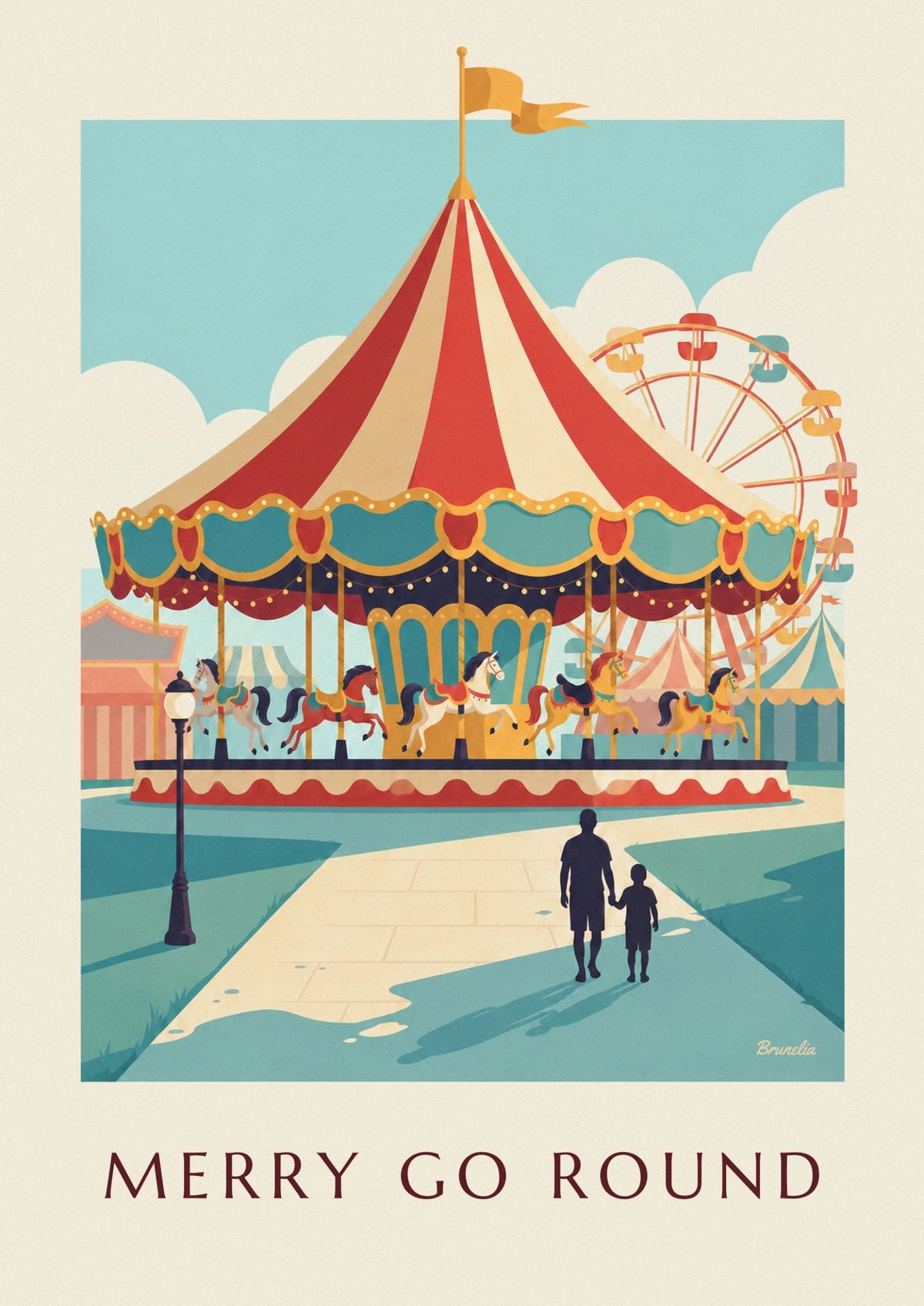 Affiche carrousel illuminé de fête foraine au crépuscule