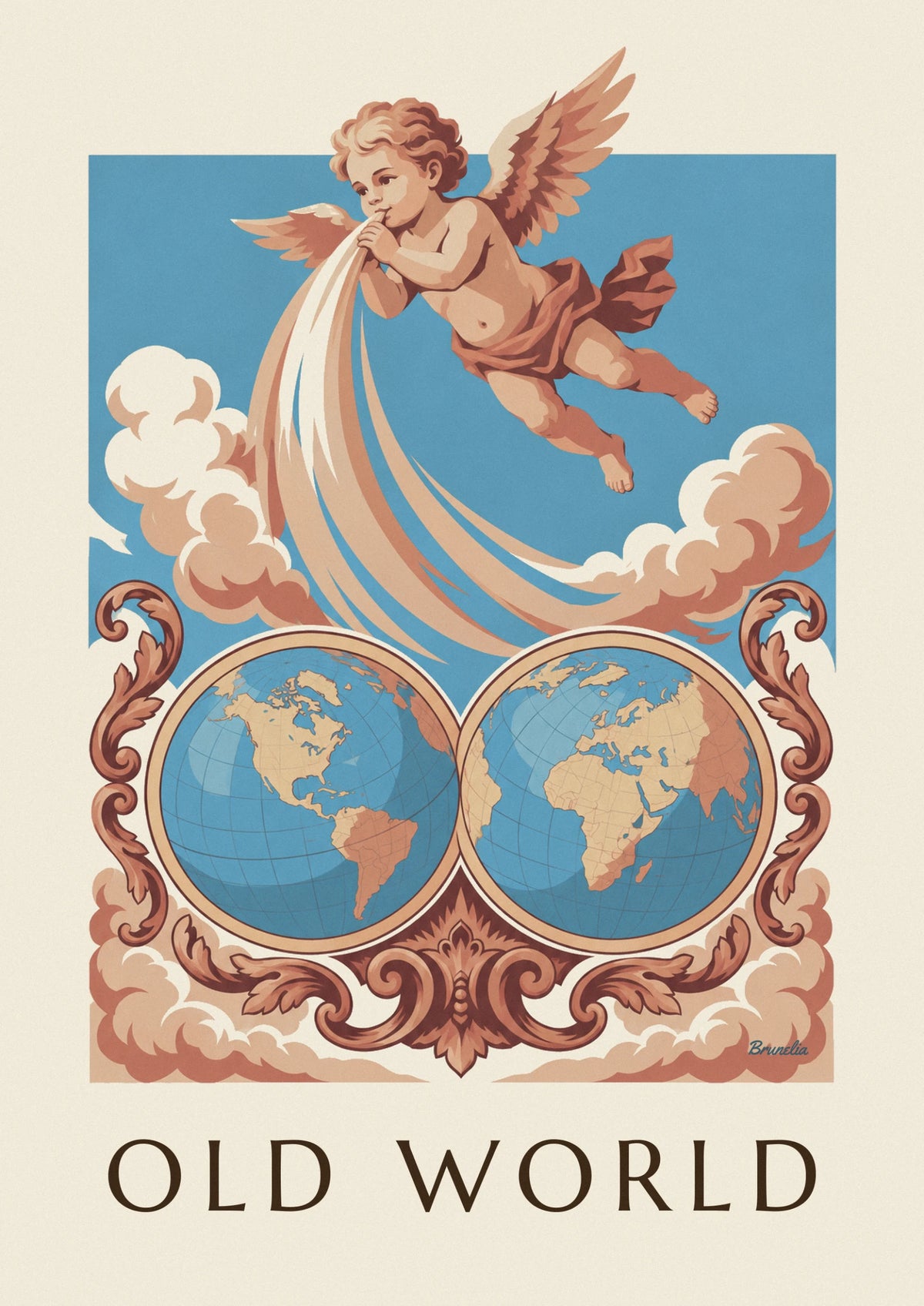 Affiche planisphère à 2 hémisphères entouré de chérubins