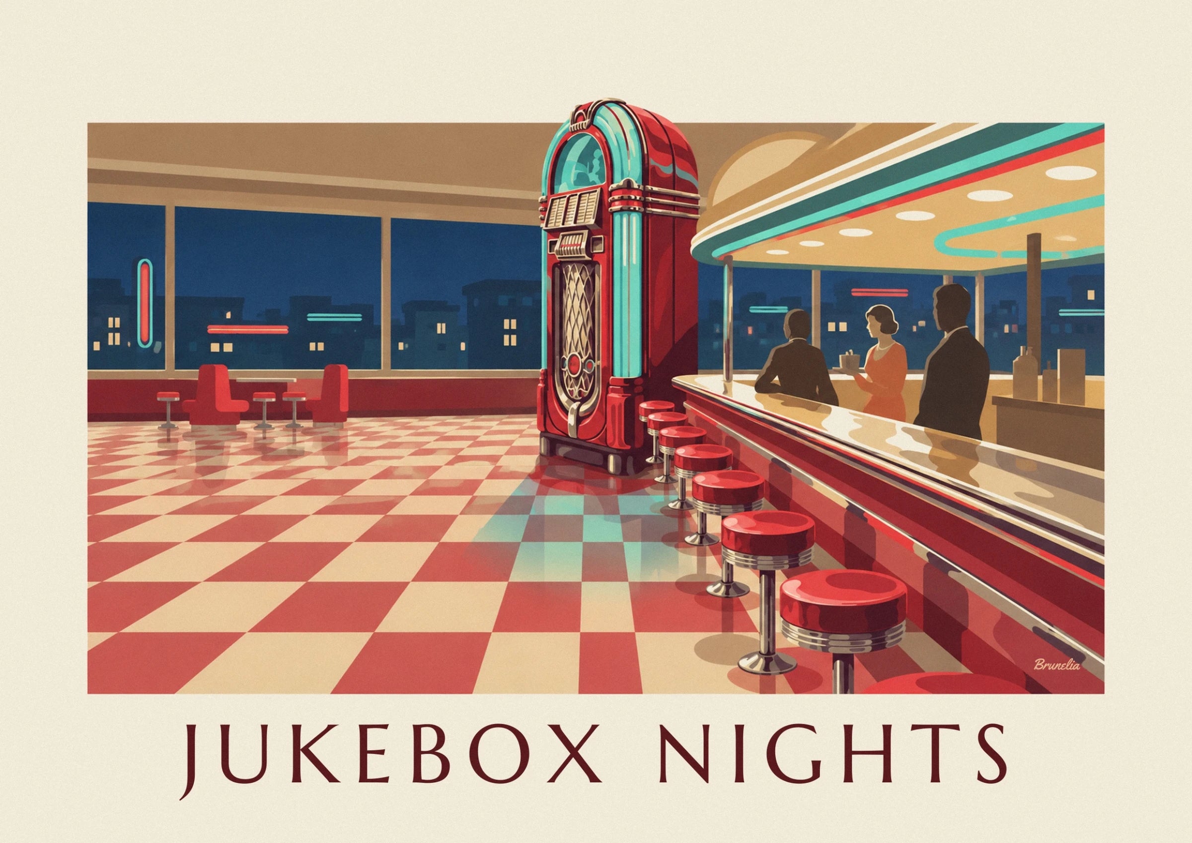 Le juke-box rouge aux colonnes lumineuses turquoise et à la grille argentée