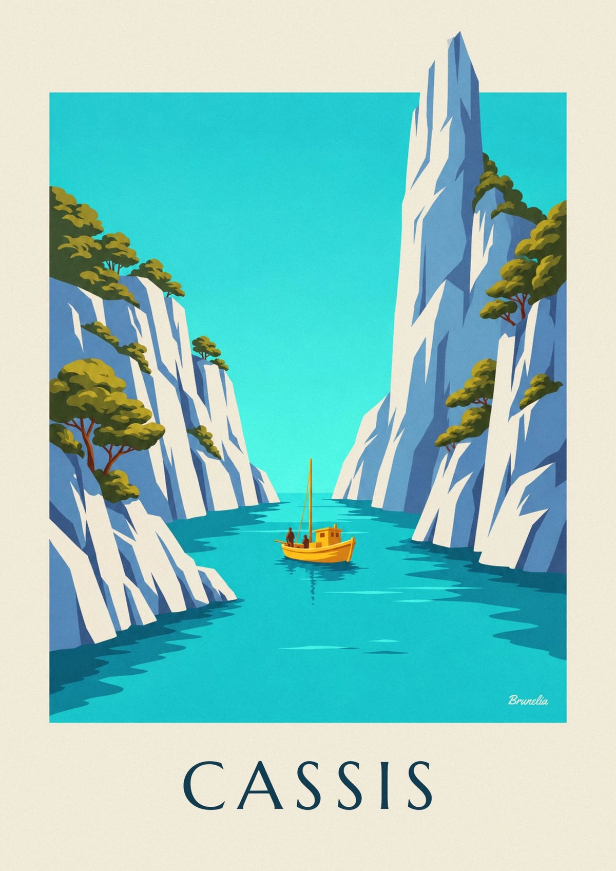 Affiche bateau jaune dans une calanque de Cassis