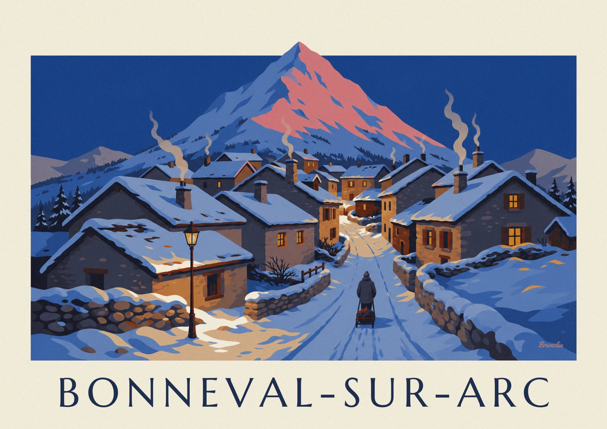 Affiche village de Bonneval-sur-Arc sous la neige au crépuscule