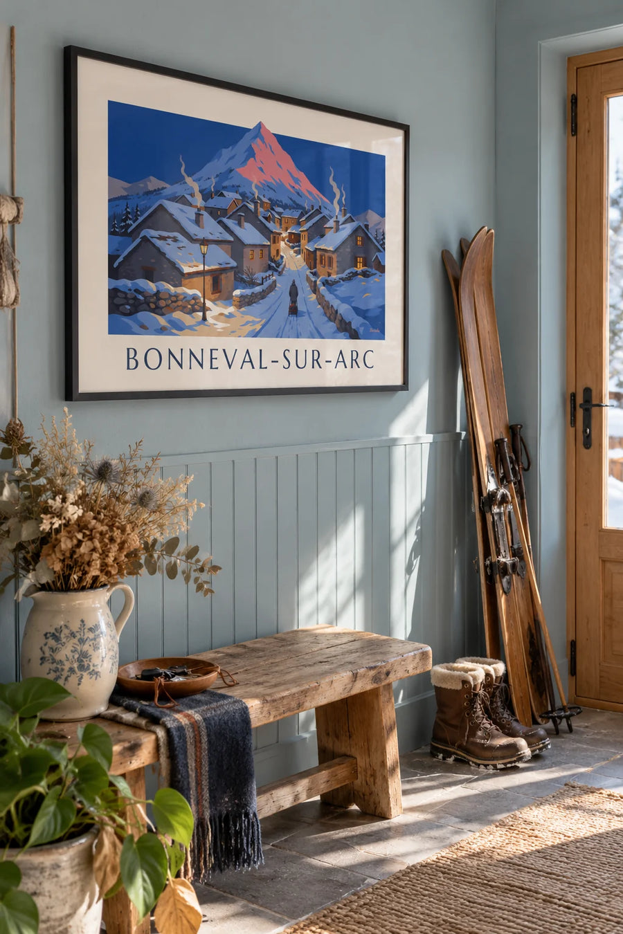 Affiche village de Bonneval-sur-Arc sous la neige au crépuscule : encadrée au mur