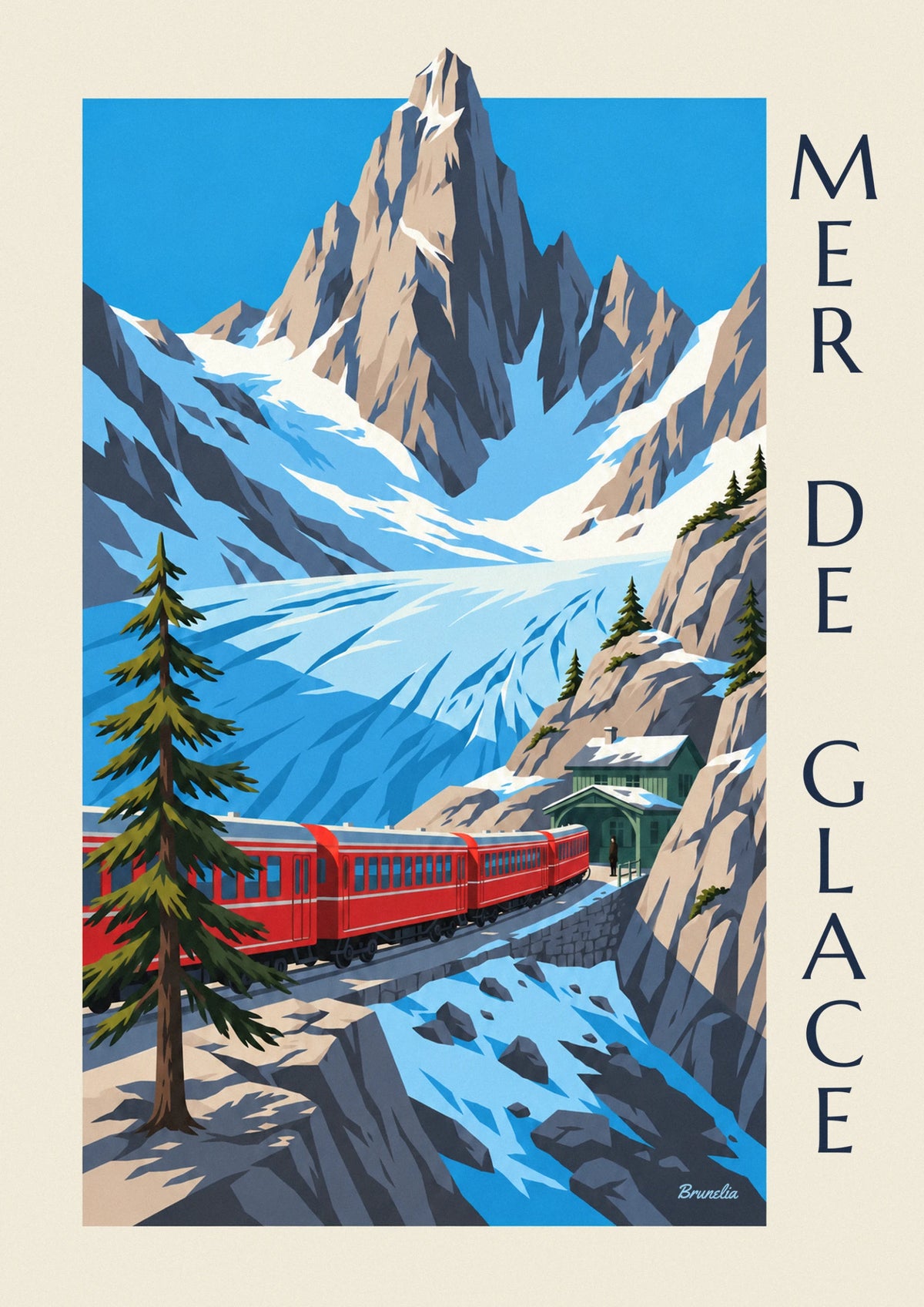 Affiche train rouge du Montenvers face à la Mer de Glace