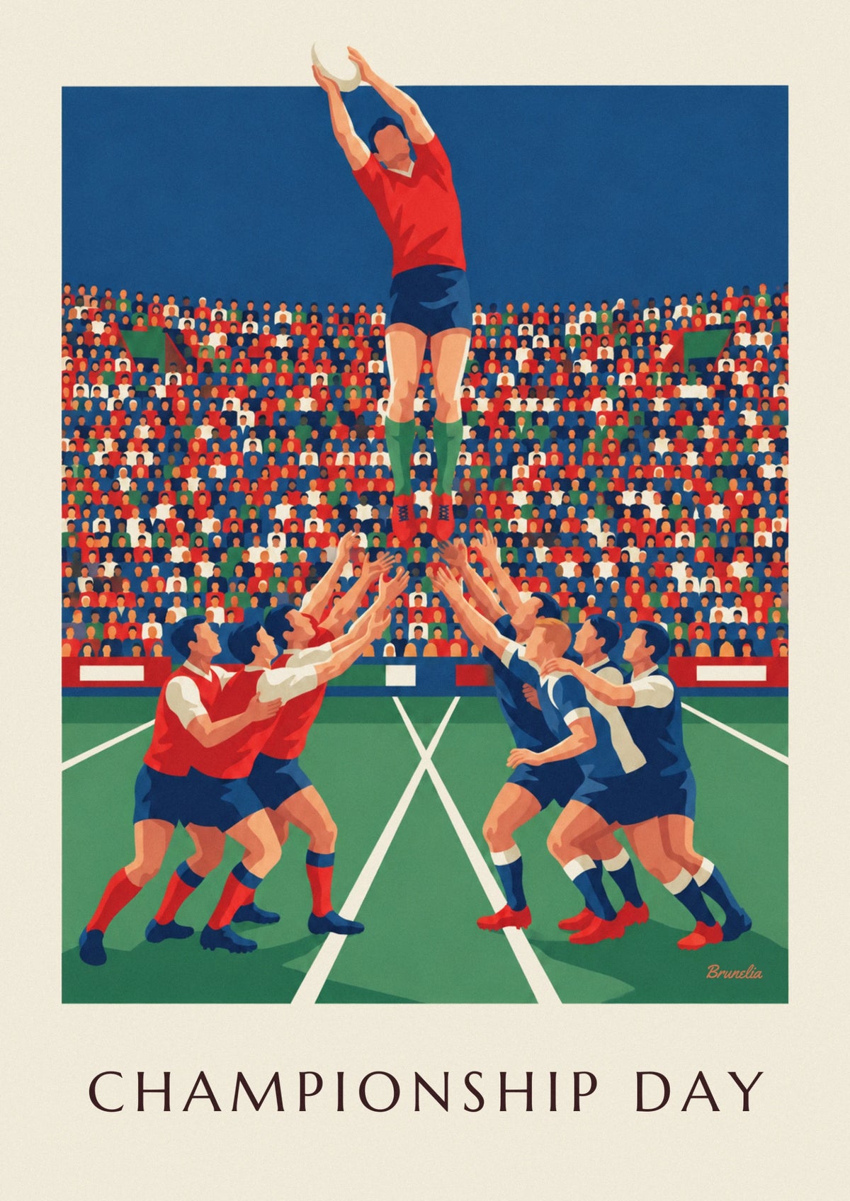 Affiche joueur de rugby sautant en touche dans un stade