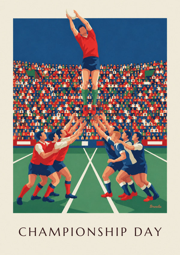 Affiche joueur de rugby sautant en touche dans un stade